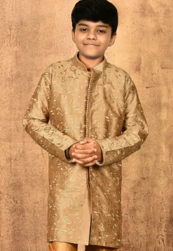 Embroidered Dupion Silk Kurta in Dark Beige
