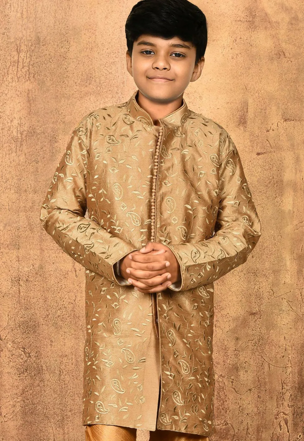 Embroidered Dupion Silk Kurta in Dark Beige