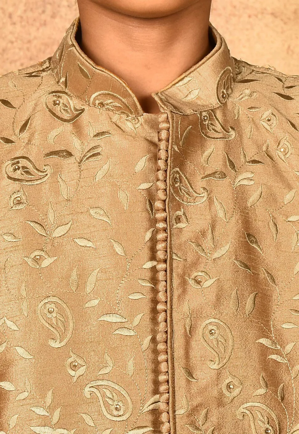 Embroidered Dupion Silk Kurta in Dark Beige