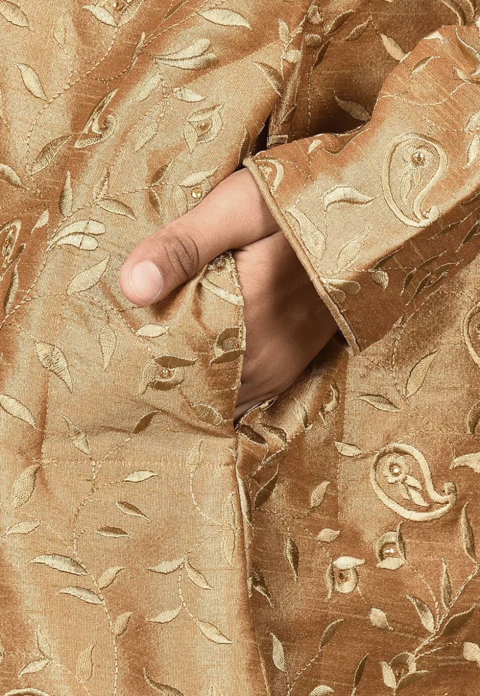 Embroidered Dupion Silk Kurta in Dark Beige