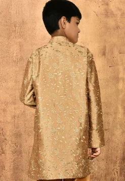 Embroidered Dupion Silk Kurta in Dark Beige