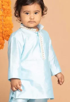Embroidered Dupion Silk Kurta in Light Blue