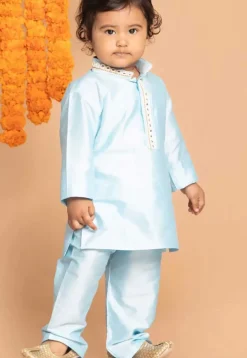 Embroidered Dupion Silk Kurta in Light Blue