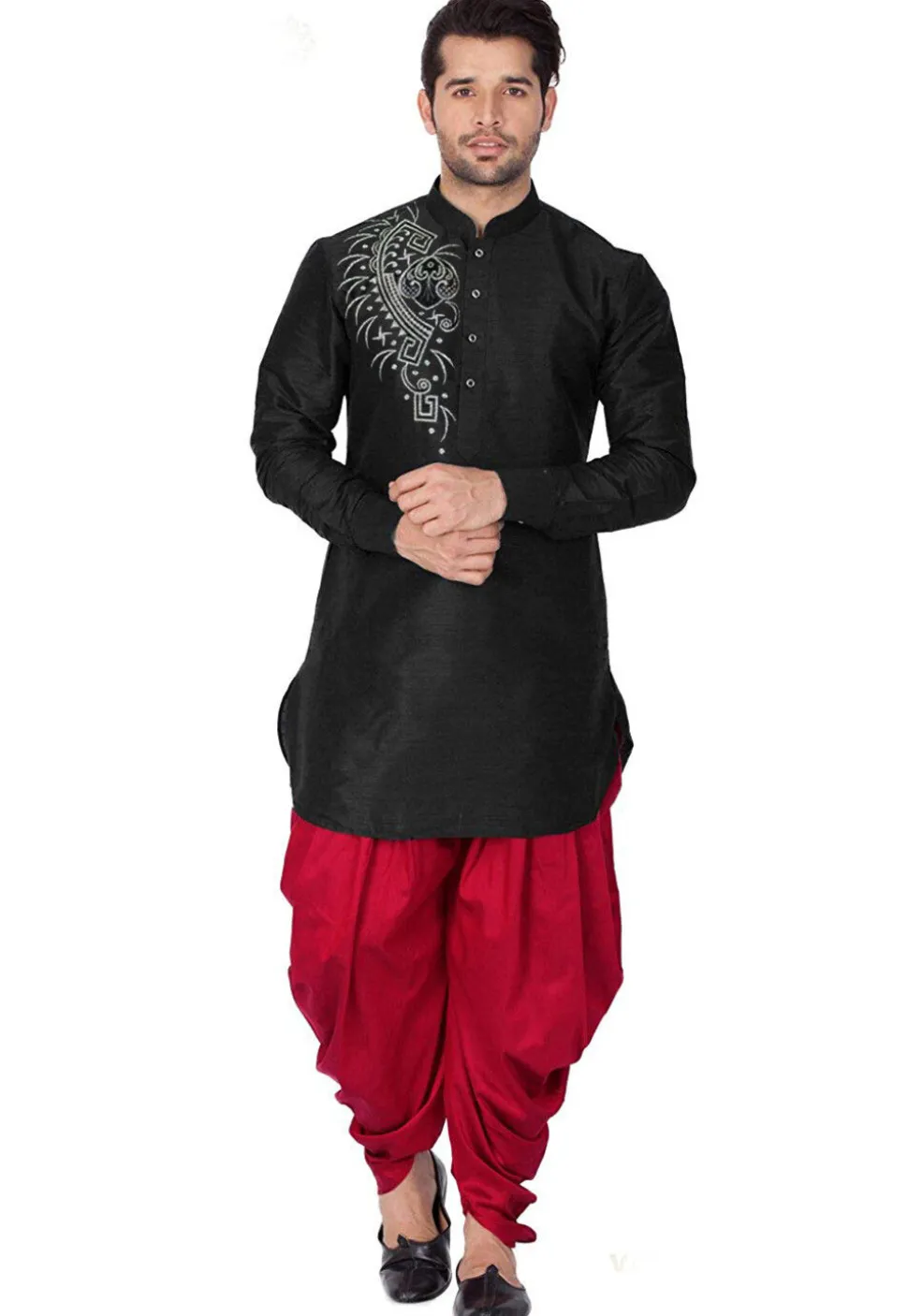 Embroidered Dupion Silk Kurta Set in Black