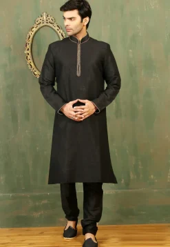 Embroidered Dupion Silk Kurta Set in Black