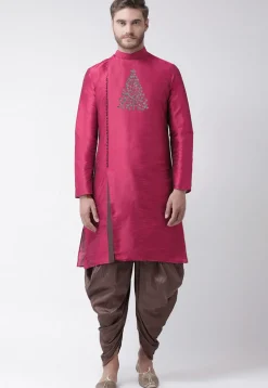 Embroidered Dupion Silk Kurta Set in Magenta