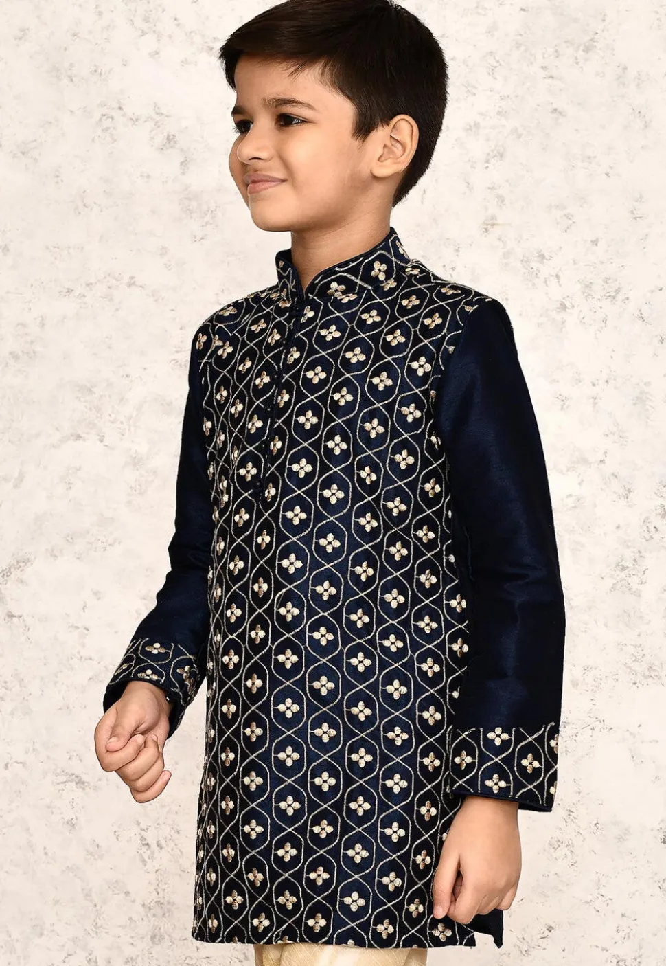 Embroidered Dupion Silk Kurta in Navy Blue