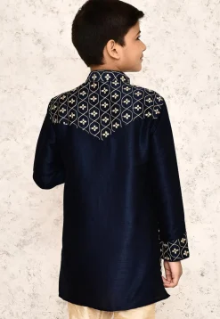 Embroidered Dupion Silk Kurta in Navy Blue
