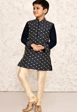Embroidered Dupion Silk Kurta in Navy Blue