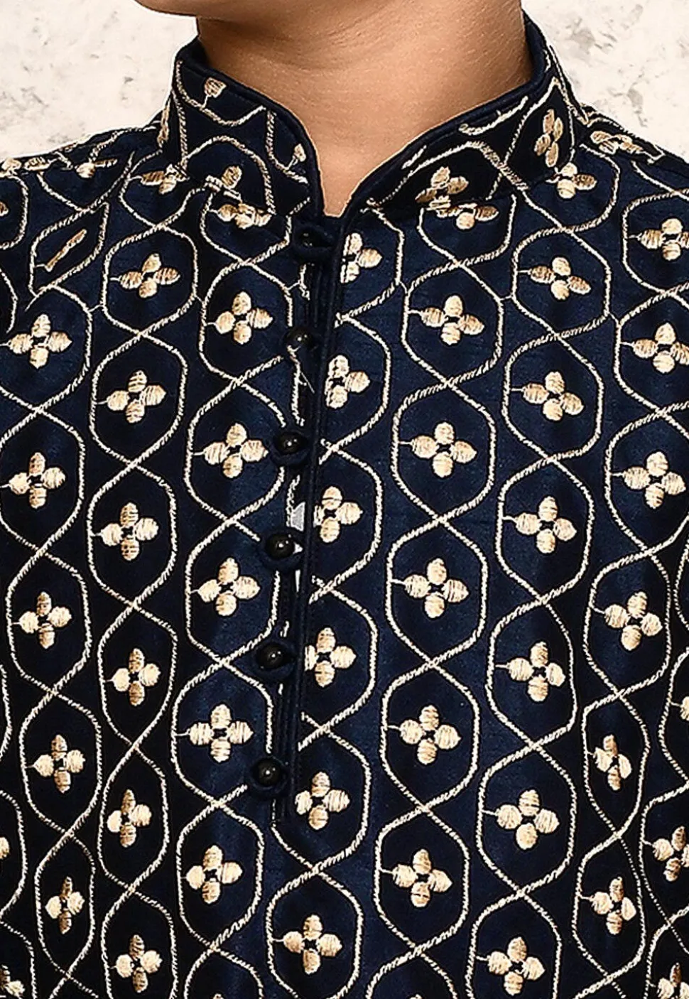 Embroidered Dupion Silk Kurta in Navy Blue