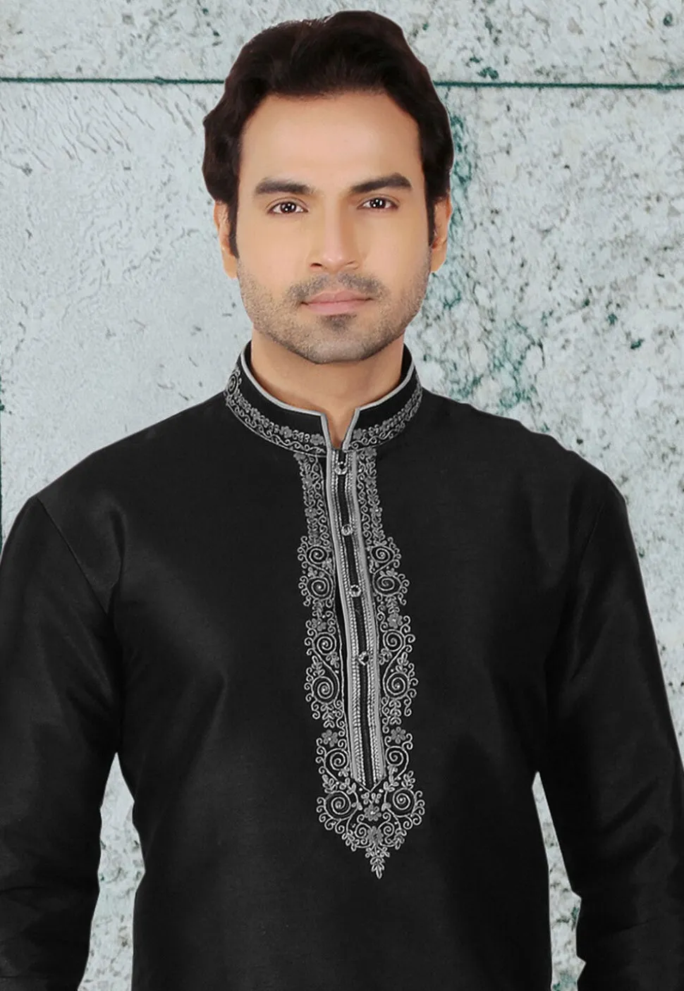 Embroidered Dupion Silk Kurta in Black