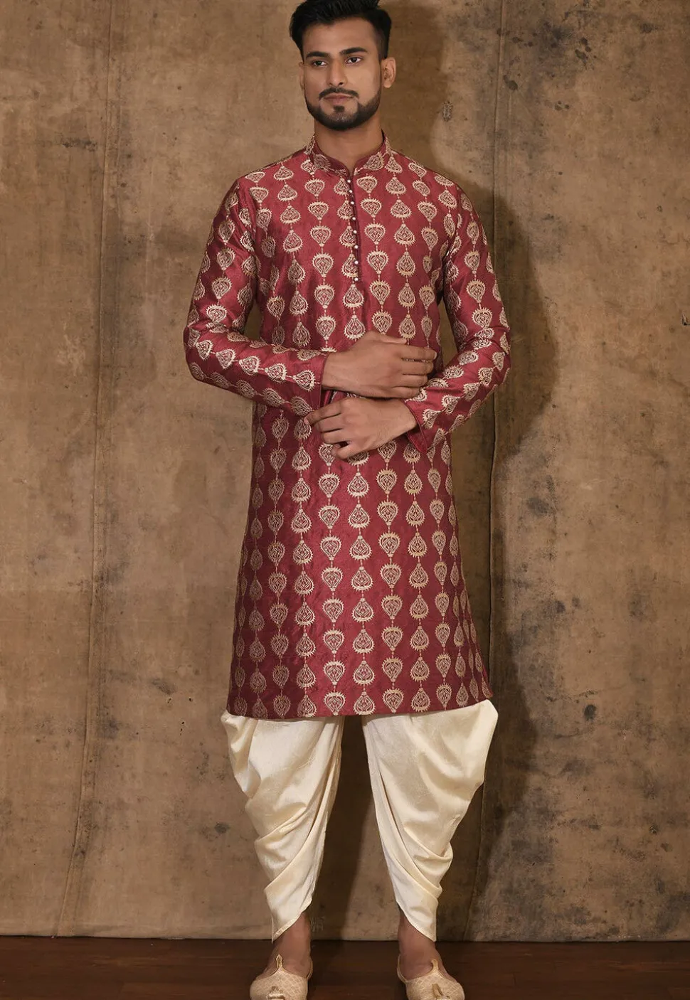 Embroidered Dupion Silk Kurta Set in Maroon