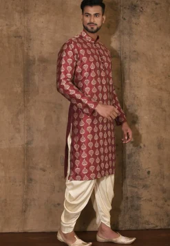 Embroidered Dupion Silk Kurta Set in Maroon