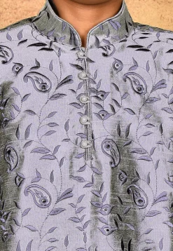 Embroidered Dupion Silk Kurta in Grey
