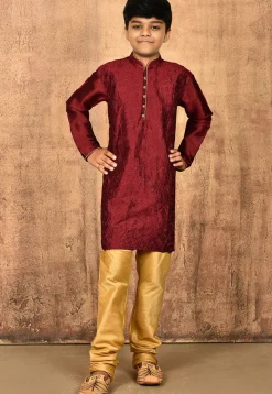 Embroidered Dupion Silk Kurta Set in Maroon