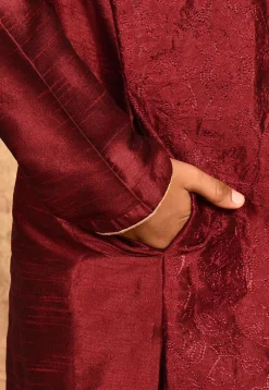 Embroidered Dupion Silk Kurta Set in Maroon