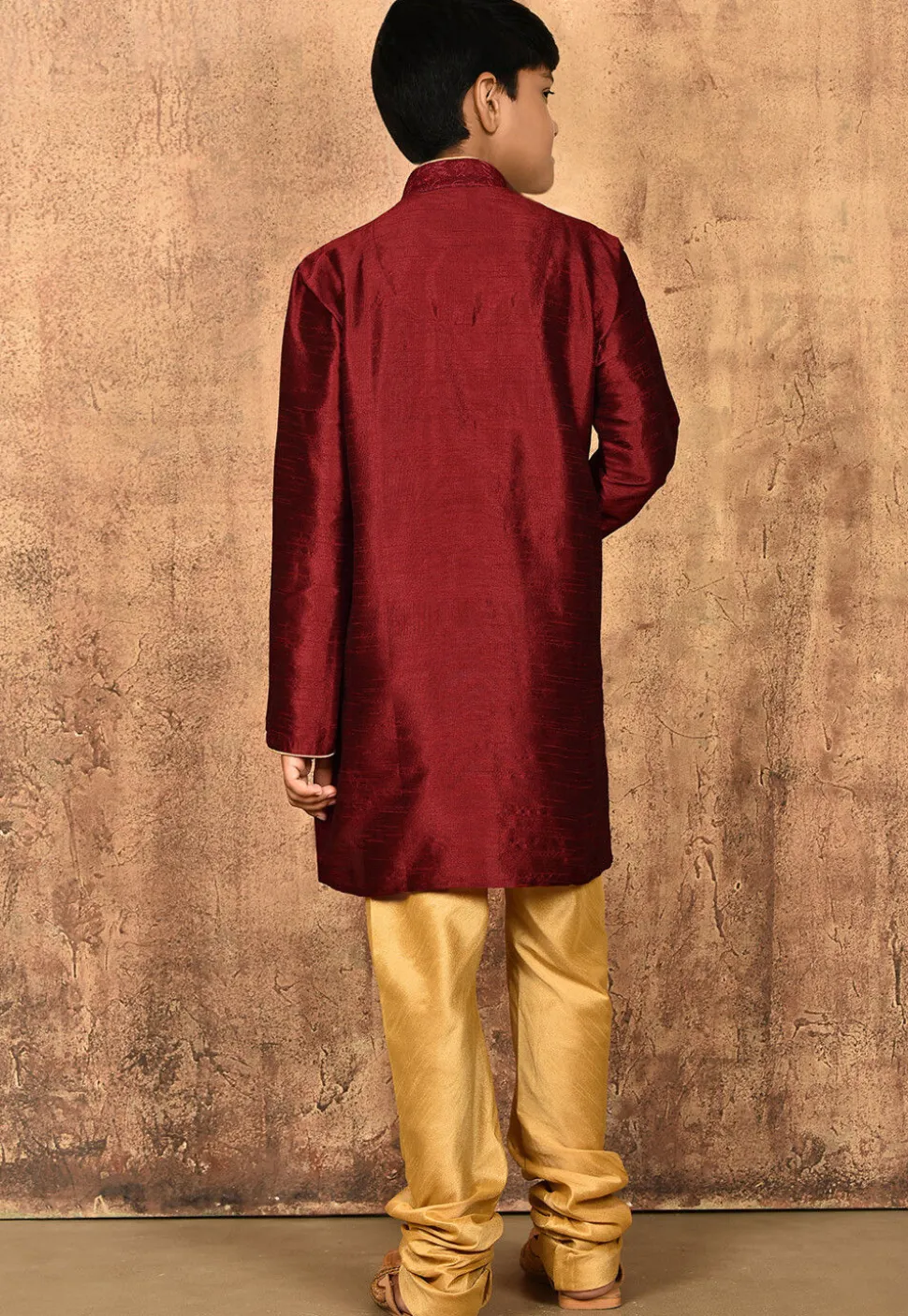 Embroidered Dupion Silk Kurta Set in Maroon