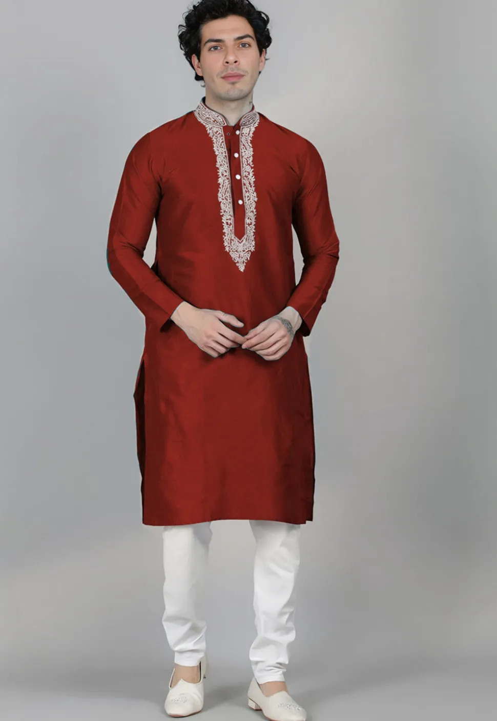 Embroidered Dupion Silk Kurta Set in Maroon