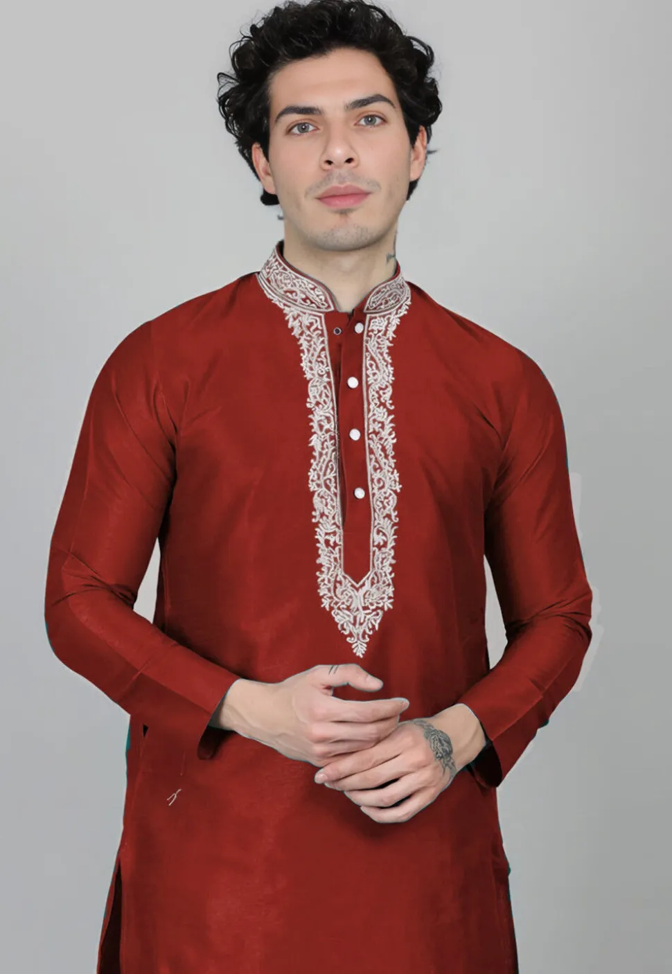 Embroidered Dupion Silk Kurta Set in Maroon