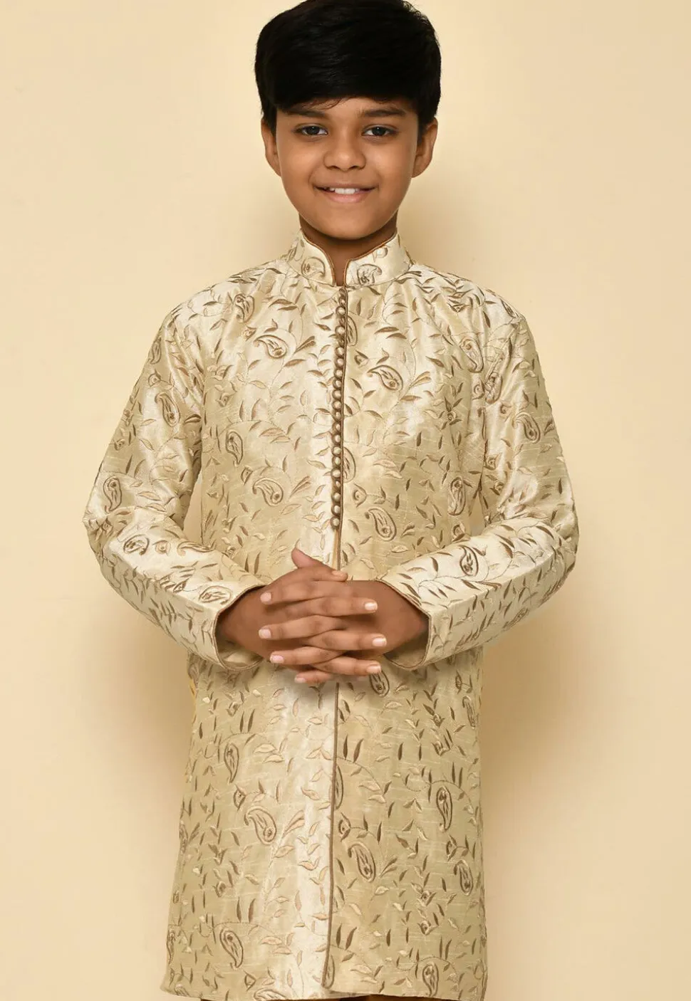 Embroidered Dupion Silk Kurta in Light Beige