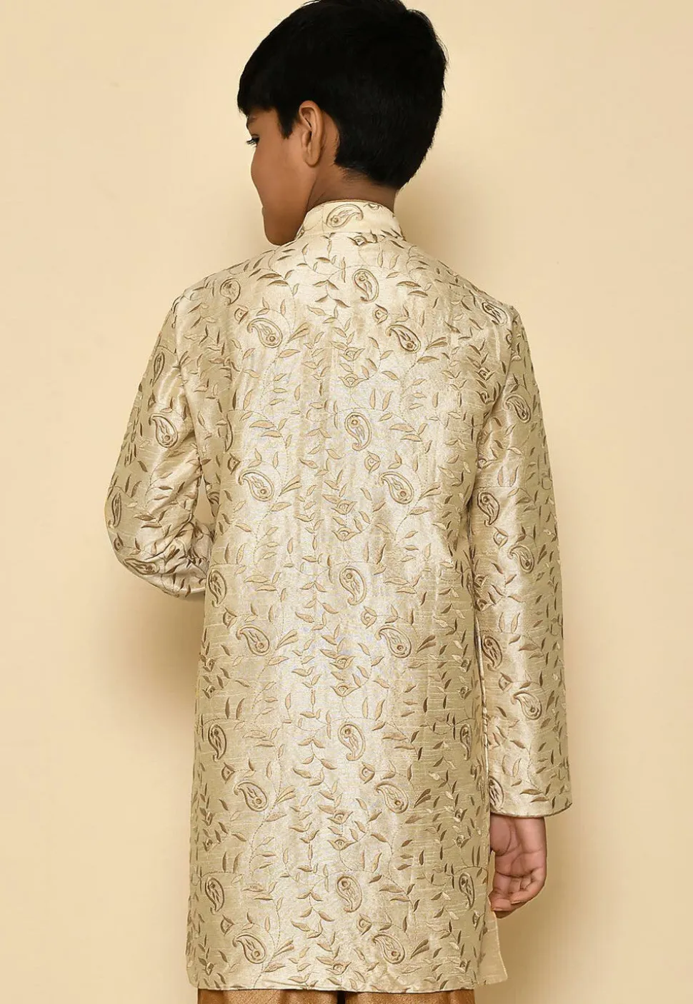 Embroidered Dupion Silk Kurta in Light Beige