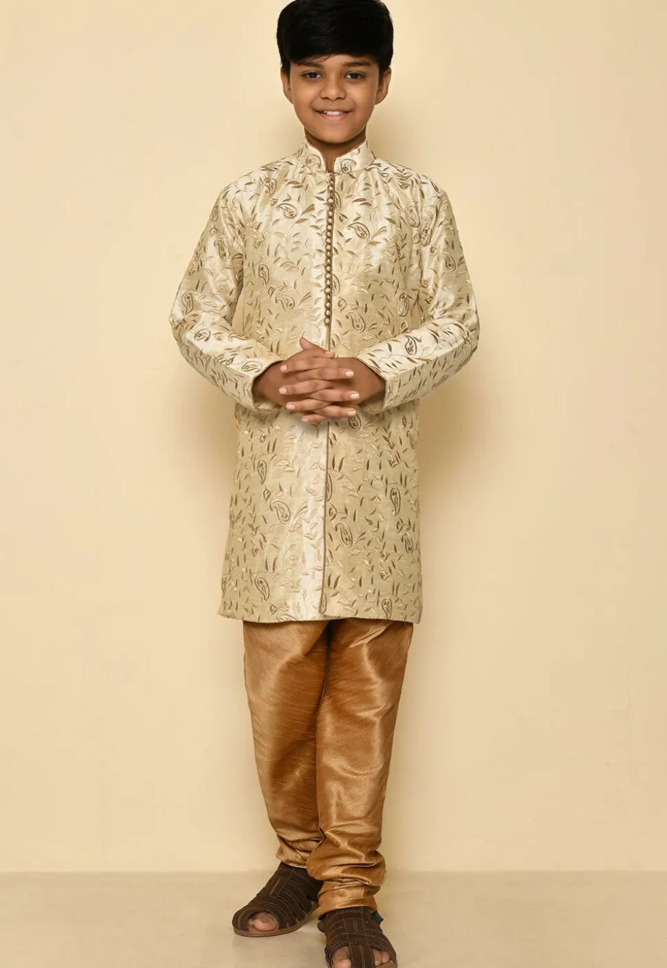 Embroidered Dupion Silk Kurta in Light Beige