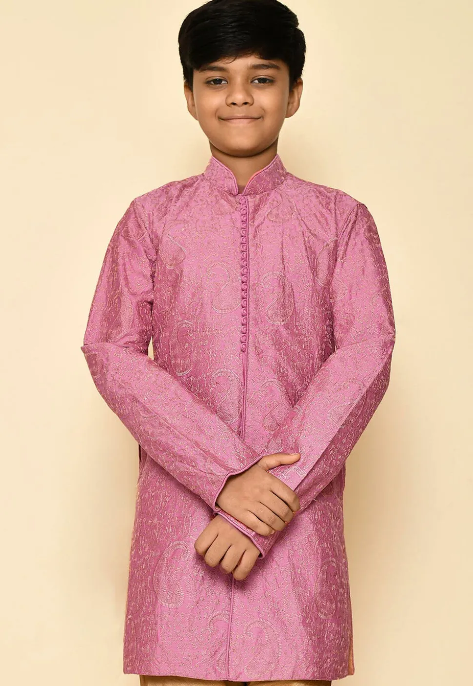 Embroidered Dupion Silk Kurta in Dark Pink