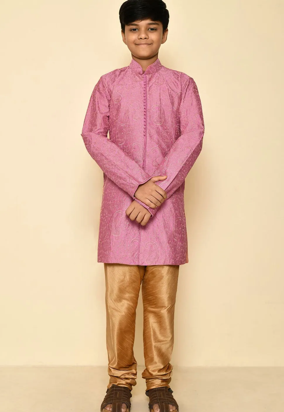 Embroidered Dupion Silk Kurta in Dark Pink