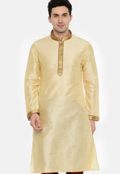Embroidered Dupion Silk Kurta in Light Beige