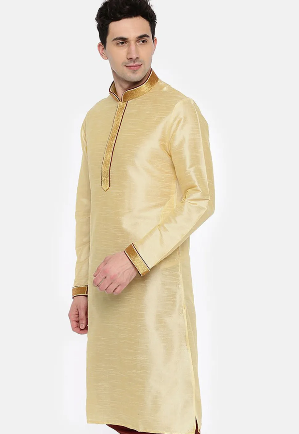 Embroidered Dupion Silk Kurta in Light Beige