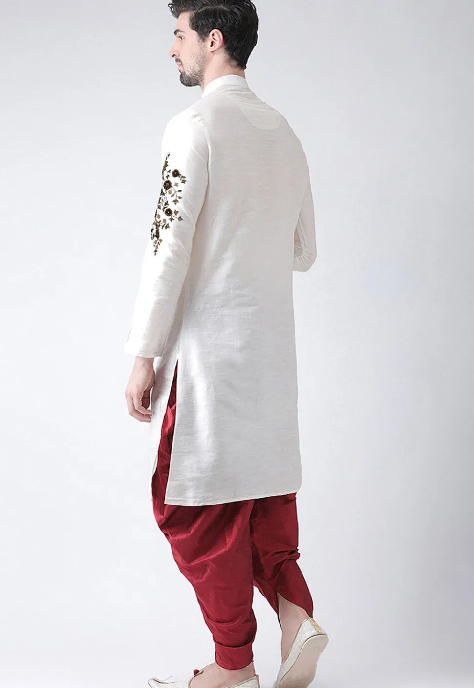 Embroidered Dupion Silk Kurta Set in White