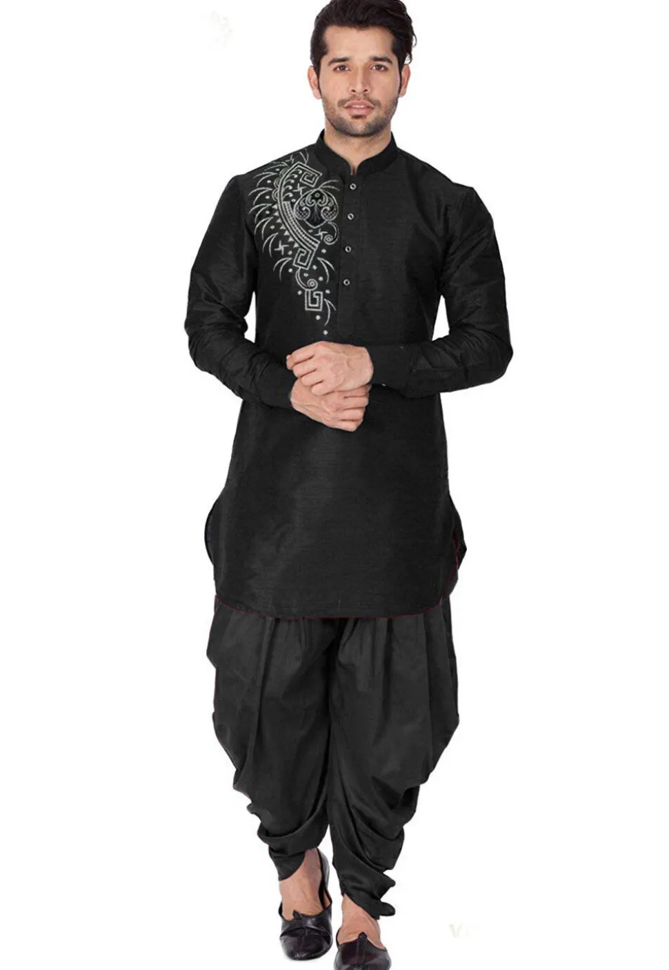 Embroidered Dupion Silk Kurta Set in Black