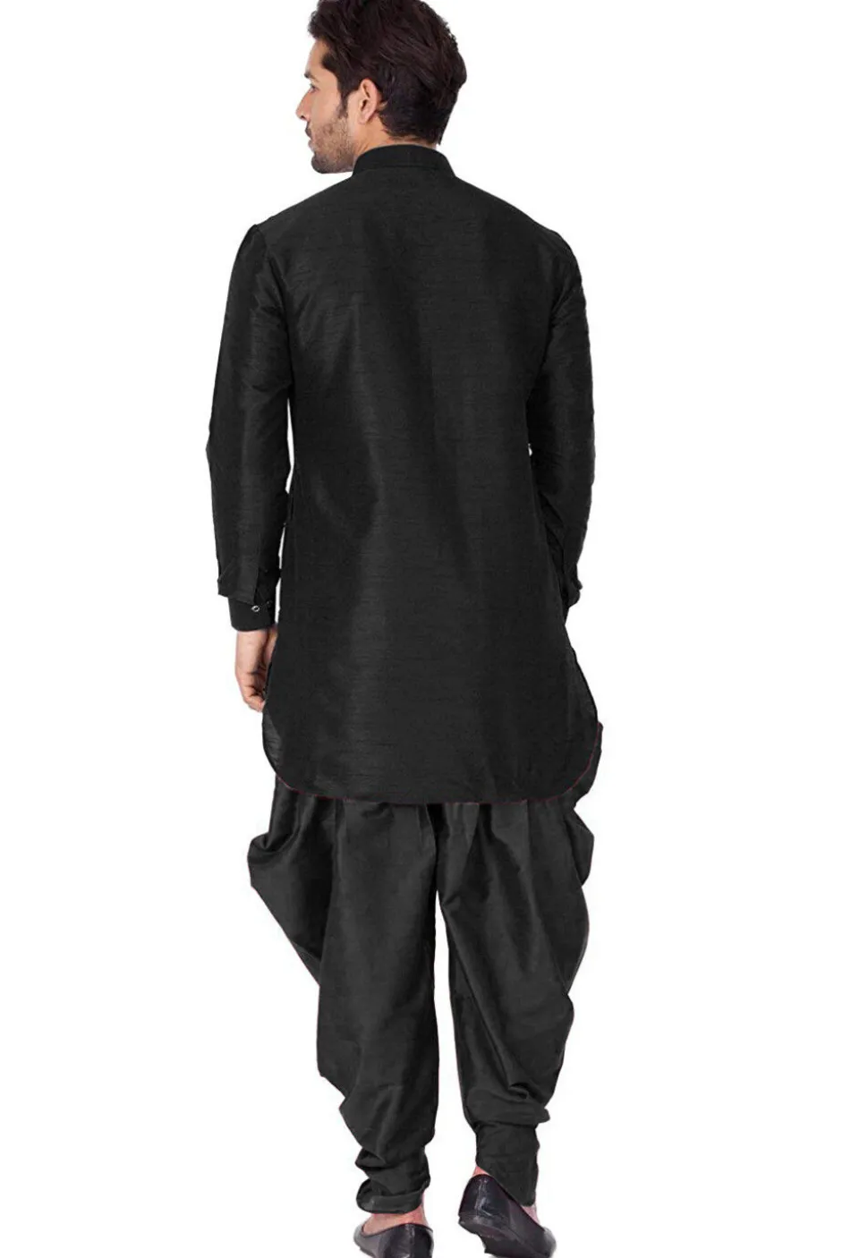 Embroidered Dupion Silk Kurta Set in Black
