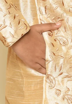 Embroidered Dupion Silk Kurta Set in Light Beige