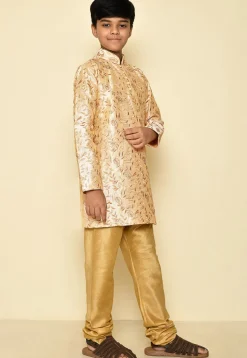 Embroidered Dupion Silk Kurta Set in Light Beige