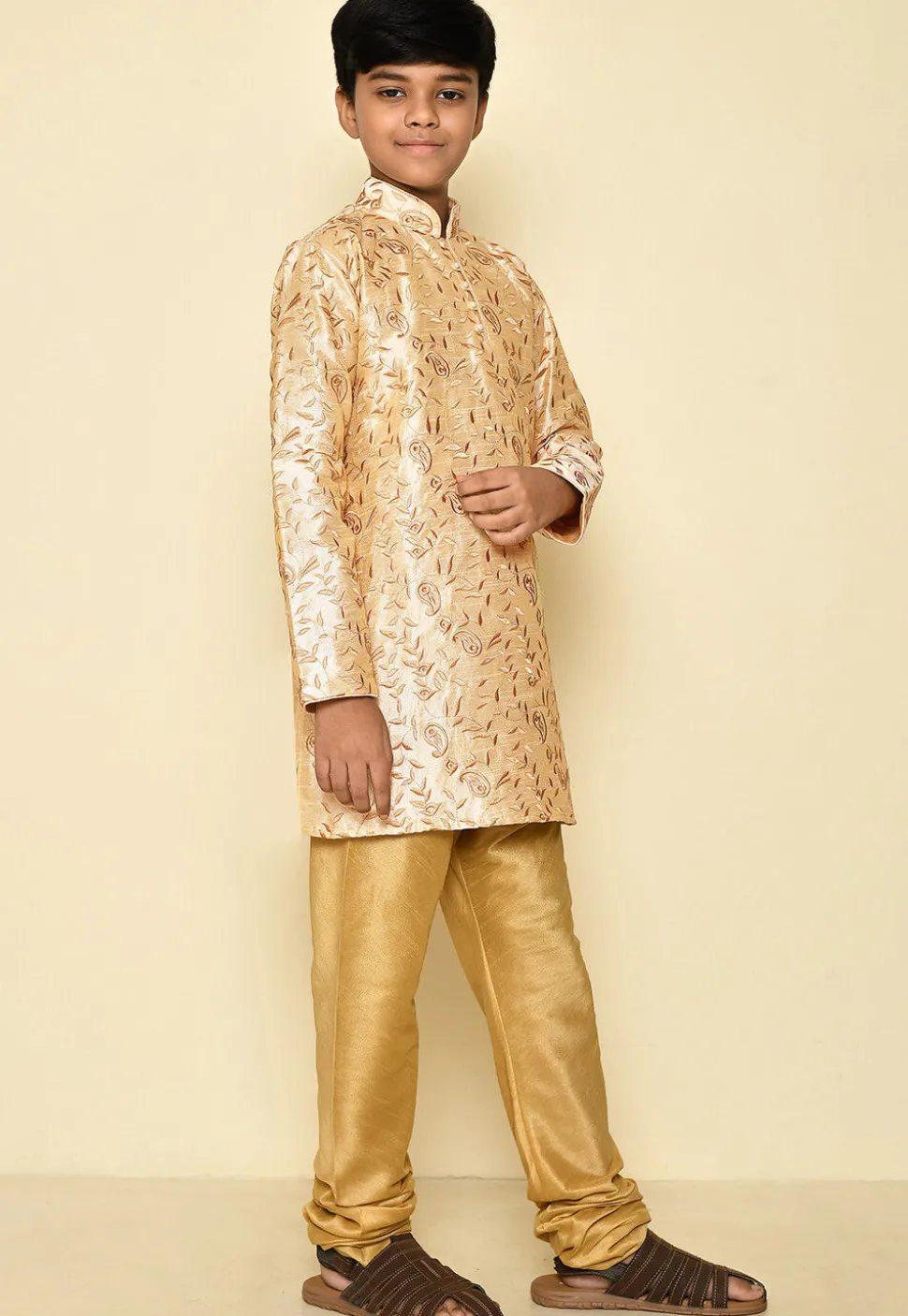 Embroidered Dupion Silk Kurta Set in Light Beige
