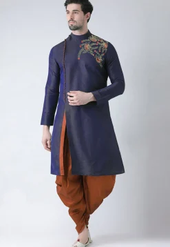 Embroidered Dupion Silk Kurta Set in Navy Blue