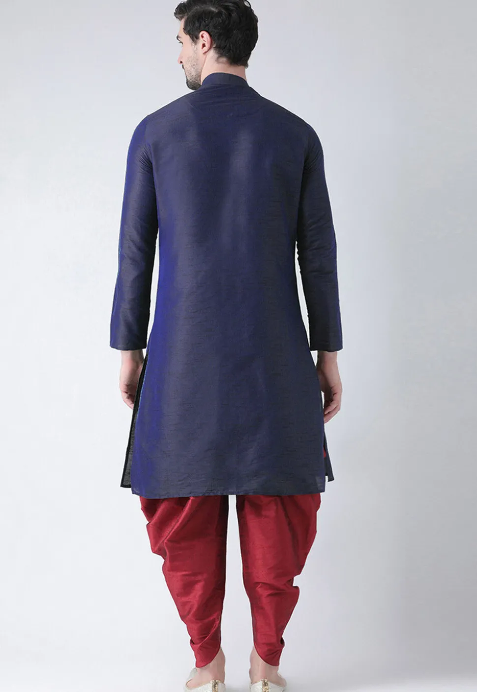 Embroidered Dupion Silk Kurta Set in Navy Blue