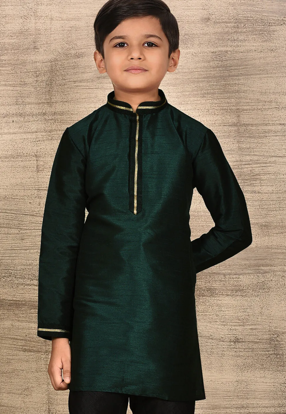 Embroidered Dupion Silk Kurta in Dark Green