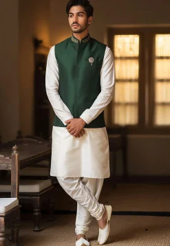 Embroidered Dupion Silk Kurta Set in White  and Dark Green