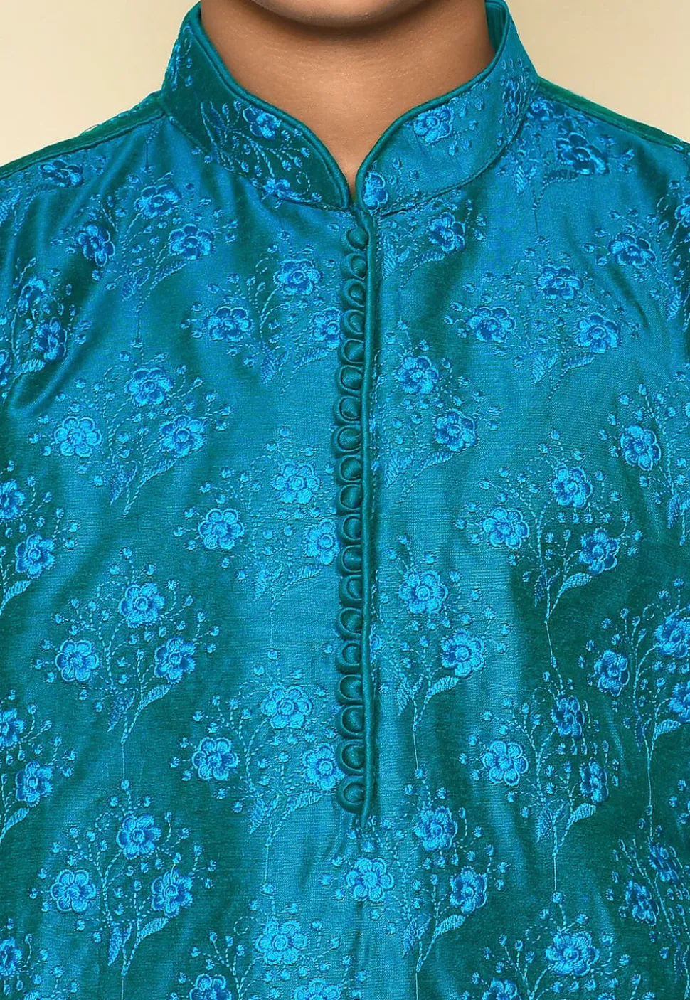 Embroidered Dupion Silk Kurta in Teal Blue
