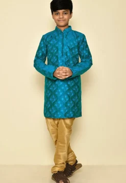 Embroidered Dupion Silk Kurta in Teal Blue