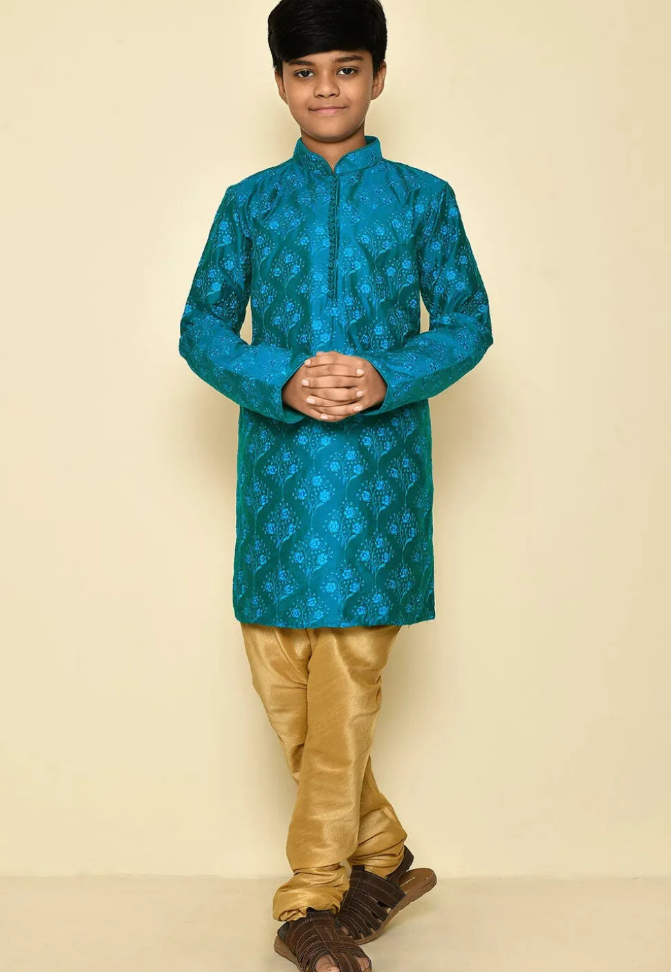Embroidered Dupion Silk Kurta in Teal Blue