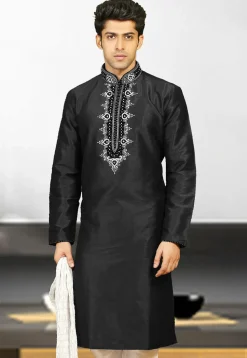 Embroidered Dupion Silk Kurta in Black
