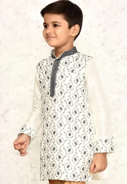 Embroidered Dupion Silk Kurta in Off White