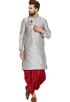 Embroidered Dupion Silk Kurta Set in Light Grey