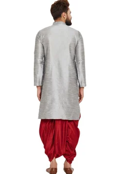 Embroidered Dupion Silk Kurta Set in Light Grey