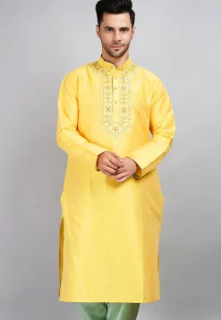 Embroidered Dupion Silk Kurta in Yellow