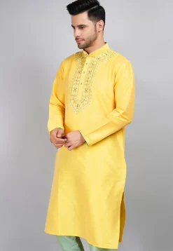 Embroidered Dupion Silk Kurta in Yellow