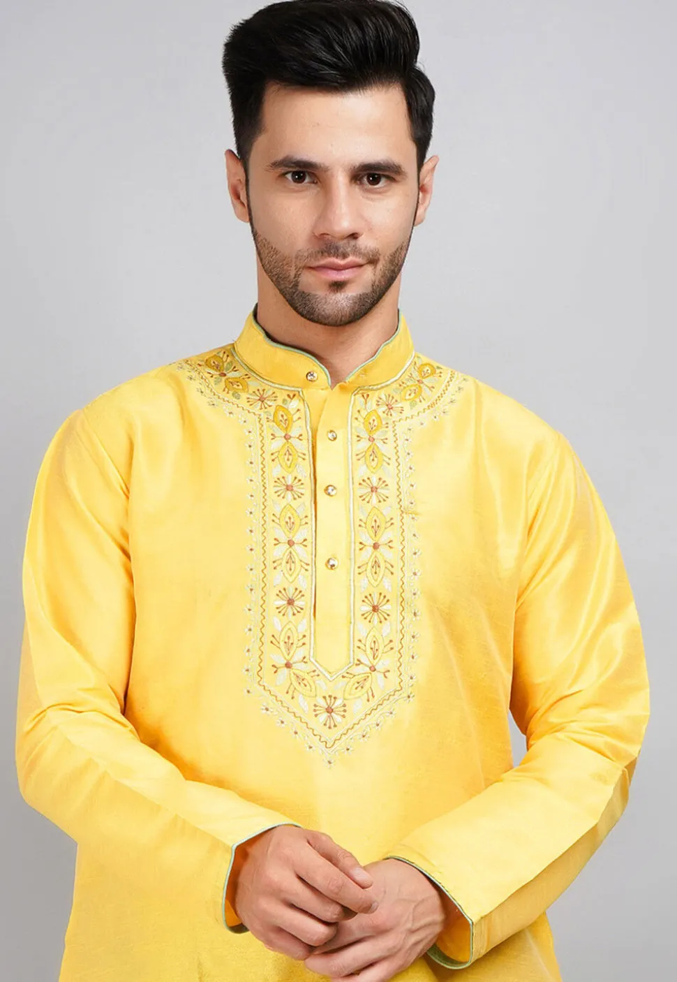 Embroidered Dupion Silk Kurta in Yellow